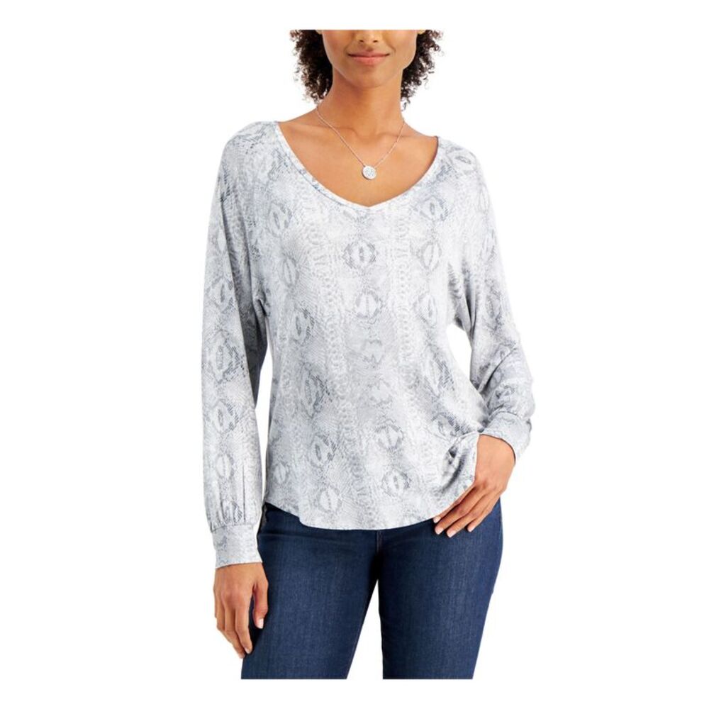 WILLOW DRIVE Womens Gray Animal Print Long Sleeve Scoop Neck Top XS
